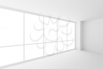 Business architecture white colorless office room interior - corner of empty white business office room with white floor, ceiling, walls and large windows and empty space, 3d illustration