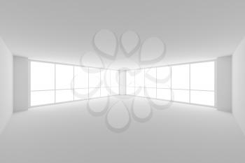 Business architecture white colorless office room interior - empty white business office room with white floor, ceiling, walls and two large windows and empty space, 3d illustration, wide angle view