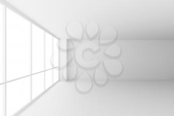 Business architecture white colorless office room interior - empty white business office room with white floor, ceiling, walls and large windows and empty space, 3d illustration