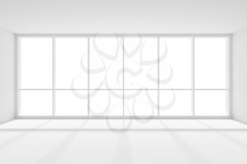 Business architecture white colorless office room interior - large window white empty business office room with white floor, ceiling and walls and sunlight, 3d illustration