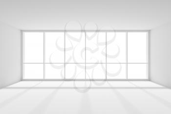 Business architecture white colorless office room interior - large window in empty white business office room with white floor, ceiling and walls and sunlight from window, 3d illustration