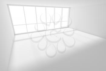 Business architecture white colorless office room interior - empty white business office room with white floor, ceiling and walls and sun-light from large window, 3d illustration.