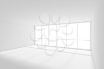 Business architecture white colorless office room interior - empty white business office room with white floor, ceiling and walls and sun light from big window, 3d illustration