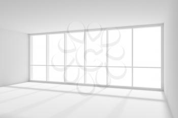 Business architecture white colorless office room interior - big window empty white business office room with white floor, ceiling and walls and sunlight, 3d illustration