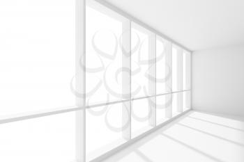 Business architecture white colorless office room interior - wide large window in empty white business office room with white floor, ceiling and walls and sunlight, 3d illustration
