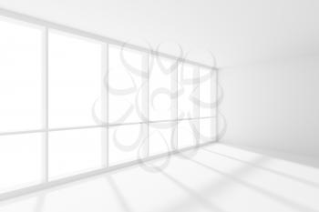 Business architecture white colorless office room interior - empty white business office room with white floor, ceiling and walls and sun-light from large window, 3d illustration