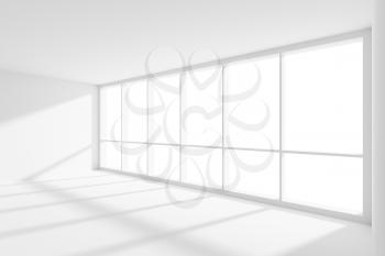 Business architecture white colorless office room interior - empty white business office room with white floor, ceiling and walls and sun light from large window, 3d illustration.