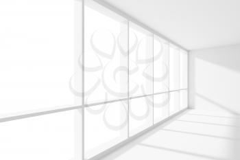 Business architecture white colorless office room interior - large window inempty white business office room with white floor, ceiling and walls and sun light, 3d illustration.