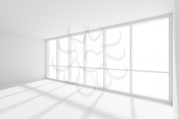 Business architecture white colorless office room interior - empty white business office room with white floor, ceiling and walls and sunlight from large window, 3d illustration