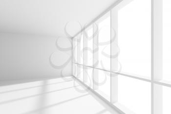 Business architecture white colorless office room interior - empty white business office room with white floor, ceiling and walls and sunlight from wide large window, 3d illustration