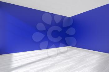 Empty room corner with blue walls, white wooden parquet floor, baseboard and sunlight from window, perspective view, minimalist interior 3d illustration