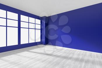 Empty room with blue walls, big window, whitre hardwood parquet floor and sunlight from window, perspective diagonal view, minimalist interior 3d illustration
