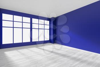 Empty room with blue walls, big window, whitre hardwood parquet floor and sunlight from window, perspective view, minimalist interior 3d illustration