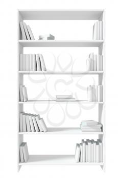 White bookcase with many white books on bookshelves isolated on white under direct light, colorless bleached 3D illustration