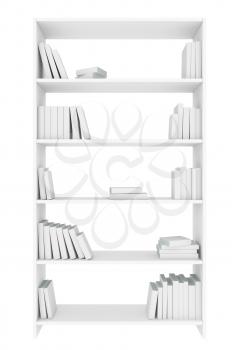 White bookcase with many white books on bookshelves isolated on white, colorless bleached 3D illustration