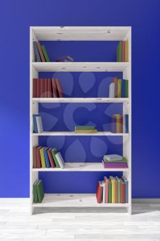 White wooden bookcase on white wooden parquet floor about blue wall with many different books on bookshelves, 3D illustration