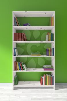 White wooden bookcase on white wooden parquet floor about green wall with many different books on bookshelves, 3D illustration