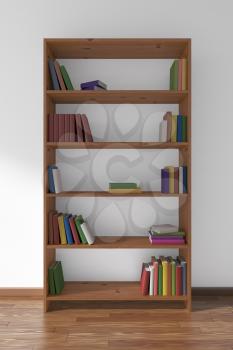 Dark wooden bookcase on dark brown wooden parquet floor about white wall with many different books on bookshelves, 3D illustration