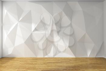 White wall with rumpled triangular geometric surface in empty room with sunlight from window, with wooden parquet floor and ceiling, 3d interior illustration