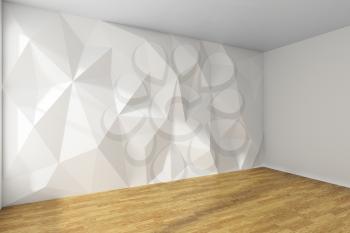 Empty white room corner interior with wall with rumpled triangular geometric surface with sunlight from window, with wooden parquet floor and ceiling, 3d illustration