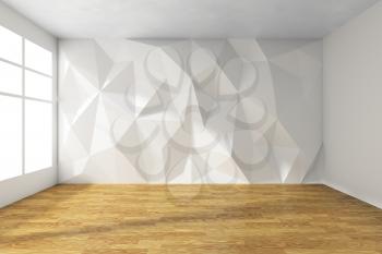 Empty white room interior with wall with rumpled triangular geometric surface with sun light from window, with wooden parquet floor and ceiling, 3d illustration