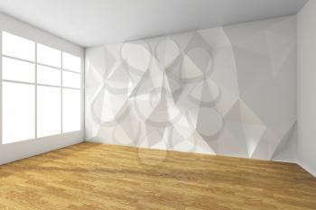 White empty room interior with wall with rumpled triangular geometric surface with sunlight from window, with wooden parquet floor and white ceiling, 3d illustration