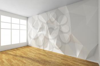 White empty room interior with wall with rumpled triangular geometric surface with sunlight from window, with wooden parquet floor and ceiling, 3d illustration