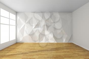 Empty white room interior with wall with rumpled triangular geometric surface with sun light from window, with wooden parquet floor and white ceiling, 3d illustration