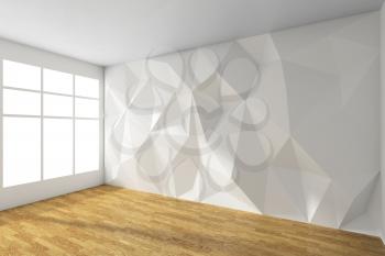 White empty white room interior with wall with rumpled triangular geometric surface with sun light from window, with wooden parquet floor and ceiling, 3d illustration