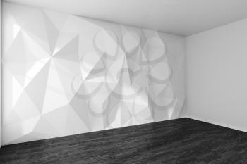 Empty white room corner with wall with rumpled triangular geometric surface with sun light from window, with black wooden parquet floor and ceiling, 3d interior illustration