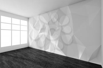Empty white room interior with wall with rumpled triangular geometric surface with sun light, black wooden parquet floor, ceiling and window, 3d illustration