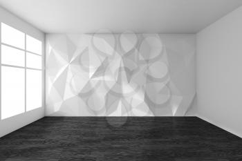 White empty room interior with wall with rumpled triangular geometric surface with sun light from window, with black wooden parquet floor and ceiling, 3d illustration