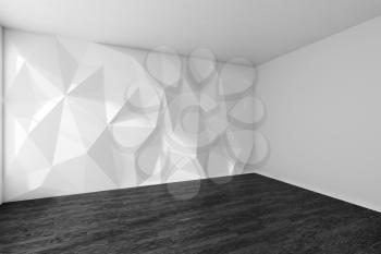 White empty room corner with wall with rumpled triangular geometric surface with sun light from window, with black wooden parquet floor and ceiling, 3d illustration interior