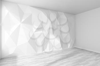 White empty room corner interior with wall with rumpled triangular geometric surface with sun light from window, with white wooden parquet floor and ceiling, 3d illustration