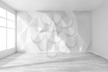 White empty room interior with wall with rumpled triangular geometric surface with sun light from window, with white wooden parquet floor and ceiling, 3d illustration