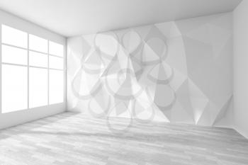 Empty white room interior with wall with rumpled triangular geometric surface with sun light from window, with white parquet floor and ceiling, 3d illustration