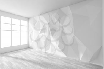 Empty white room interior with wall with rumpled triangular geometric surface with sunlight from window, with white parquet floor and ceiling, 3d illustration