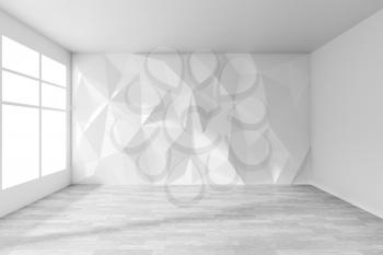 Empty white room interior with wall with rumpled triangular geometric surface with sun light from window, with white wooden parquet floor and ceiling, 3d illustration