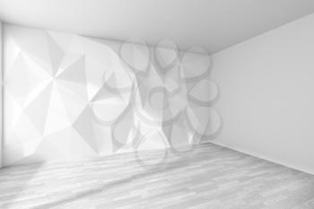 Empty white room corner interior with wall with rumpled triangular geometric surface with sun light from window, with white wooden parquet floor and ceiling, 3d illustration