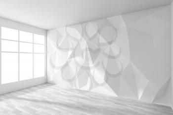 White empty room interior with wall with rumpled triangular geometric surface with sunlight from window, with white parquet floor and ceiling, 3d illustration