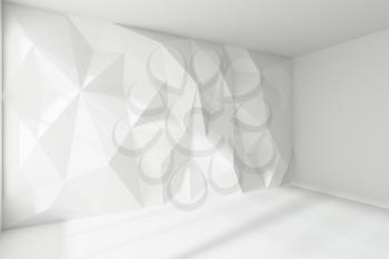 Abstract white room interior - empty white room corner with rumpled triangular geometric wall with sun light from window, with floor and ceiling without any textures, colorless 3d illustration