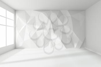 Abstract white room interior - empty white room with wall with rumpled triangular geometric surface with sun light, with window, floor and ceiling without any textures, colorless 3d illustration