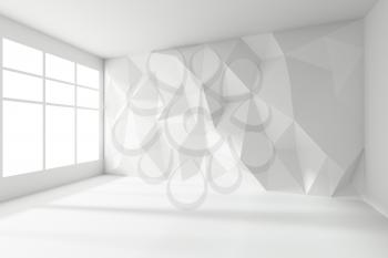 Abstract white room interior - empty white room with wall with rumpled triangular geometric surface with sunlight and window, with floor and ceiling without any textures, colorless 3d illustration