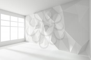 Abstract white room interior - empty white room with rumpled triangular geometric surface wall with sun light from window, with floor and ceiling without any textures, colorless 3d illustration