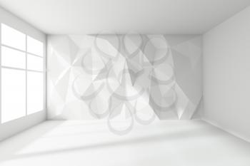 Abstract white room interior - empty white room with wall with rumpled triangular geometric surface with window sun light, with floor and ceiling without any textures, colorless 3d illustration