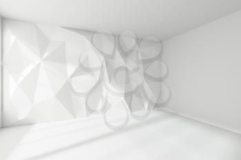 Abstract white room interior - corner of empty white room with rumpled triangular geometric wall with with sun light from window, with floor and ceiling without any textures, colorless 3d illustration