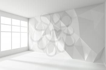 Abstract white room interior - empty white room with wall with triangular rumpled geometric surface with sun light from window, with floor and ceiling without any textures, colorless 3d illustration