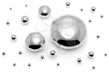 Shiny mercury (hg) metal drops and droplets isolated on white background