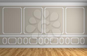 Simple classic style interior illustration - beige wall with white decorative elements on the wall in classic style empty room with wooden parquet floor with white baseboard, 3d illustration interior