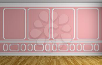 Simple classic style interior illustration - pink wall with white decorative elements on the wall in classic style empty room with wooden parquet floor with white baseboard, 3d illustration interior